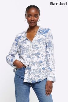 River Island Blue Long Sleeved Printed Shirt (954127) | $40