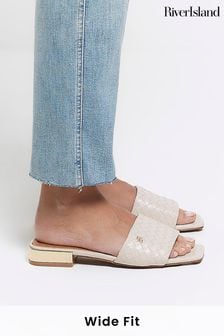 River Island Cream Wide Fit Woven Mule Flat Sandals (954318) | $35