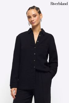 River Island Jet Black Linen Feel Shirt (954464) | $71
