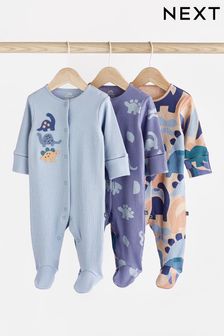 Blue Dinosaur Footed Baby Sleepsuits 3 Pack (0mths-2yrs) (955174) | 89 QAR - 99 QAR