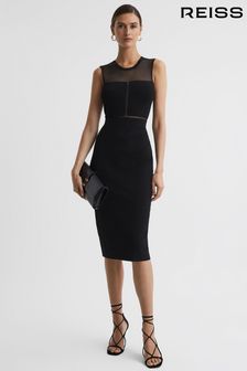 Reiss Black Lucia Sheer Knitted Bodycon Midi Dress (955259) | kr3,426