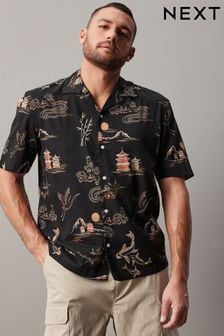 Black - Printed Short Sleeve Shirt With Cuban Collar (955561) | kr490