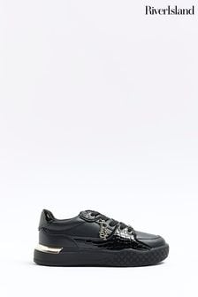 River Island Black Girls Croc Effect Patent Trainers (955872) | OMR11