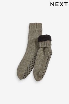 Бежевый из фактурной ткани с плетеной корзинкой - Тапочки-носки крупной вязки (955902) | €11