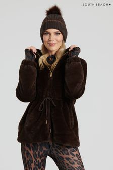 South Beach Brown Faux Fur Jacket with Waist Ties (955930) | kr766