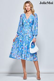 Svetlo modra - Jolie Moi cvetlična prosojna obleka z dolgimi rokavi (956877) | €101