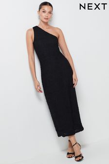 Czarny - Teksturowana sukienka midi na jedno ramię (956963) | 135 zł