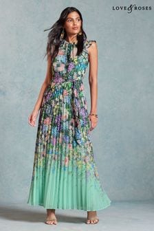 Love & Roses Green Floral Flutter Sleeve Pleated Midaxi Dress (957407) | $135