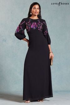 Love & Roses Black Embroidered Puff Sleeve Maxi Dress (957418) | AED383