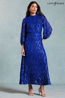 Love & Roses Blue Metallic Long Sleeve Round Neck Midi Dress (957507) | 341 QAR