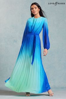 Love & Roses Blue Ombre Belted Long Sleeve Pleated Maxi Dress (957575) | €129