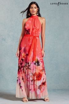 Oranžen cvetlični vzorec - Love & Roses nabrana dolga obleka z zavezovanjem za vratom  (957580) | €90