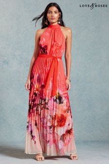 Love & Roses Orange Floral Pleated Halterneck Maxi Dress (957580) | $135