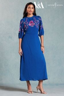 Niebieski - V&a | Sukienka midi Love & Roses z bufiastymi rękawami i haftem (957619) | 455 zł