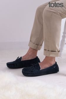 Totes Suedette Mens Moccasin Slippers With Faux Fur Lining