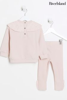 River Island Pink Girls Broderie Bow Sweatshirt Set (959204) | €32
