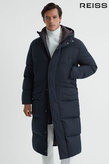 Reiss Navy Gate Quilted Long Hooded Coat (959468) | AED3,226