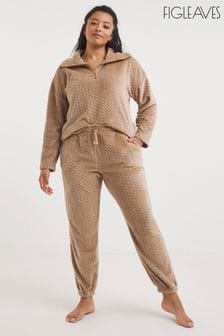 Set de pijamale de lux din fleece moale cu fermoar și Pantaloni de sport mocha Maro Figleaves (960145) | 227 LEI