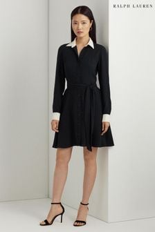Lauren Ralph Lauren - Georgette zwarte overhemdjurk met tweekleurige riem (960325) | €229