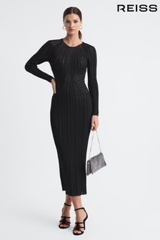 Reiss Black Ida Sheer Striped Bodycon Midi Dress (961580) | kr4 170