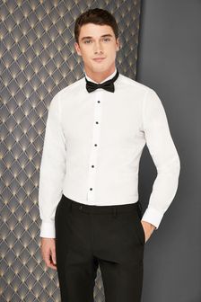 Белый - Зауженный крой, прямые манжеты - Рубашка с воротником-стойкой со скошенными концами и черный галстук-бабочка (961925) | 13 640 тг