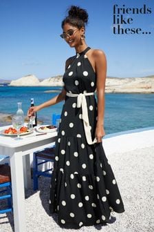 Friends Like These Black/White Petite Halter Tiered Chiffon Tie Side Polka Dot Maxi Dress (963720) | $99