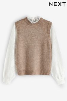 Neutral Brown Lace detail Woven Sleeve Layer Jumper (963744) | ₪ 133