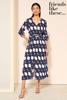 Friends Like These Navy Blue Buckle Belted V Neck Midi Shirt Dress (963748) | 306 SAR