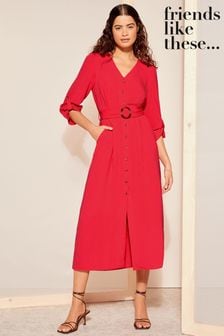 Friends Like These Red Buckle Belted V Neck Midi Shirt Dress (963759) | AED255