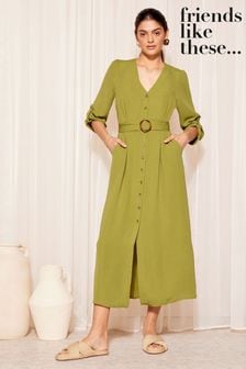 Friends Like These Lime Green Buckle Belted V Neck Midi Shirt Dress (963767) | $75