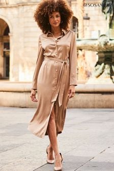 Sosandar Brown Satin Belted Shirt Dress (963782) | OMR41