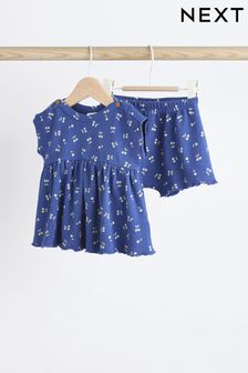 藍色櫻桃圖案 - 嬰兒荷葉邊羅紋上衣和短褲2件式套裝 (964808) | NT$440 - NT$530