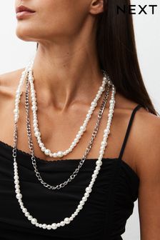Белый - Длинное ожерелье с жемчугом и цепочкой (965064) | €8