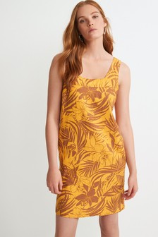 Ochre Yellow Floral Linen Blend Square Neck Summer Dress (965116) | 18 €