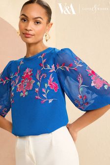 V&A | Love & Roses Blue Embroidered Round Neck Puff Sleeve Blouse (965982) | €72