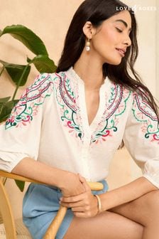 Love & Roses Ivory Petite Ruffle V Neck 3/4 Sleeve Button Up Blouse (966035) | AED216