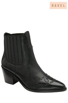 Ravel Leather Block Heel Western Ankle Boots