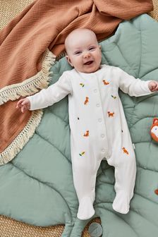 JoJo Maman Bébé Woodland Embroidered Cotton Baby Sleepsuit (966409) | $33