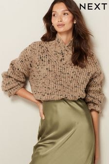 Neutral Brown High V-Neck Ribbed Jumper (968205) | 96 zł