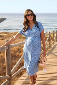 JoJo Maman Bébé Blue Animal Print Button Through V-Neck Maternity Midi Dress (968762) | $84