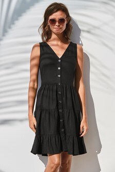 Robe courte en viscose/lin mélangés à volants