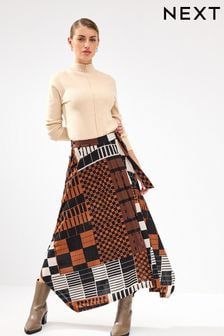 Brown Geometric Check Asymmetric Pleated Midi Skirt (969854) | $70