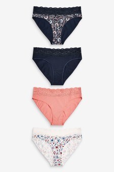Navy/Pink/Floral Print High Leg Lace Trim Cotton Blend Knickers 4 Pack (970710) | 9 €