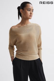 Reiss Gold Louisa Metallic Asymmetric Knitted Top (971149) | AED994