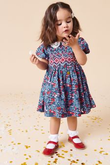 Blue/Red Ditsy Lace Collar Shirred Cotton Dress (3mths-8yrs) (971245) | €28 - €33