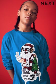 Cobalt Blue Santa Long Sleeve Flippy Sequin Christmas T-Shirt (3-16yrs) (971524) | €11 - €16