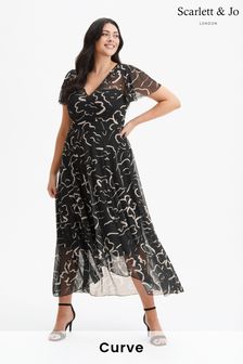 Scarlett & Jo Black Tilly Print Angel Sleeve Sweetheart Dress (972130) | 445 QAR