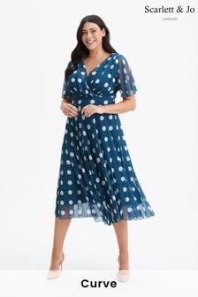 Scarlett & Jo Blue/White Carole Wrap Bodice Sunray Pleated Midi Dress (972183) | kr1,298