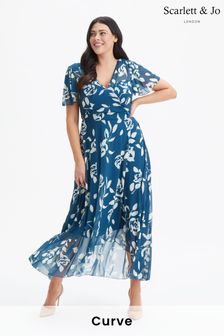 Scarlett & Jo Blue Tilly Print Angel Sleeve Sweetheart Dress (972356) | €106