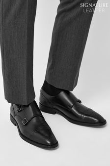 Black Leather Toe Cap Double Monk Shoes (972926) | OMR20